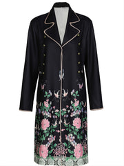 Floral Print Mid Length Coat Lapel Long Sleeve Button Coat