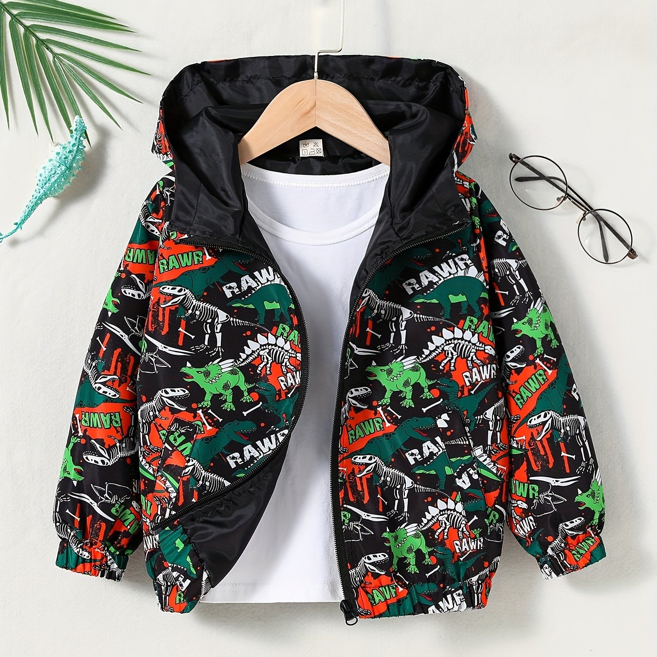 Dino Camo Windbreaker Jacket Hooded Zip Coat for Kids 4Y 7Y