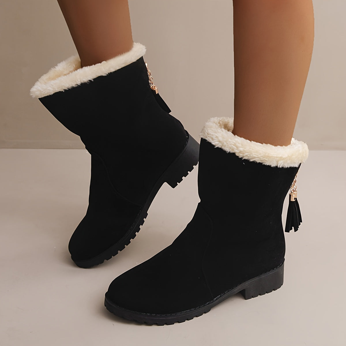 Women's Winter Snow Boots Tassel Plush Inner Low Heel Mid Calf Boots