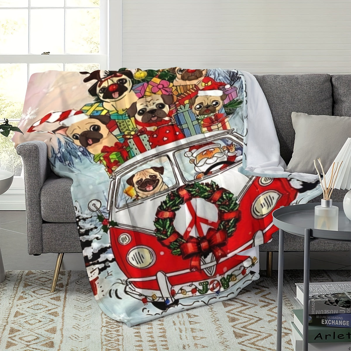 Christmas Puppy Driving Print Blanket for Home & Outdoor Use