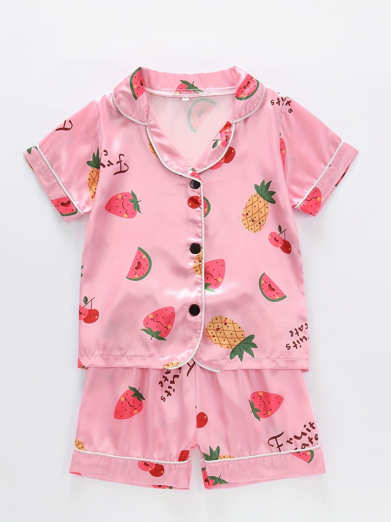 2pc Kid's Fruit Pattern Satin Pajamas Set Comfy PJ Girl's Loungewear