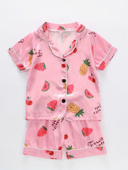 2pc Kid's Fruit Pattern Satin Pajamas Set Comfy PJ Girl's Loungewear