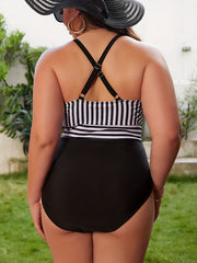 Stripe Print Ruffle Trim One Piece Swimsuit