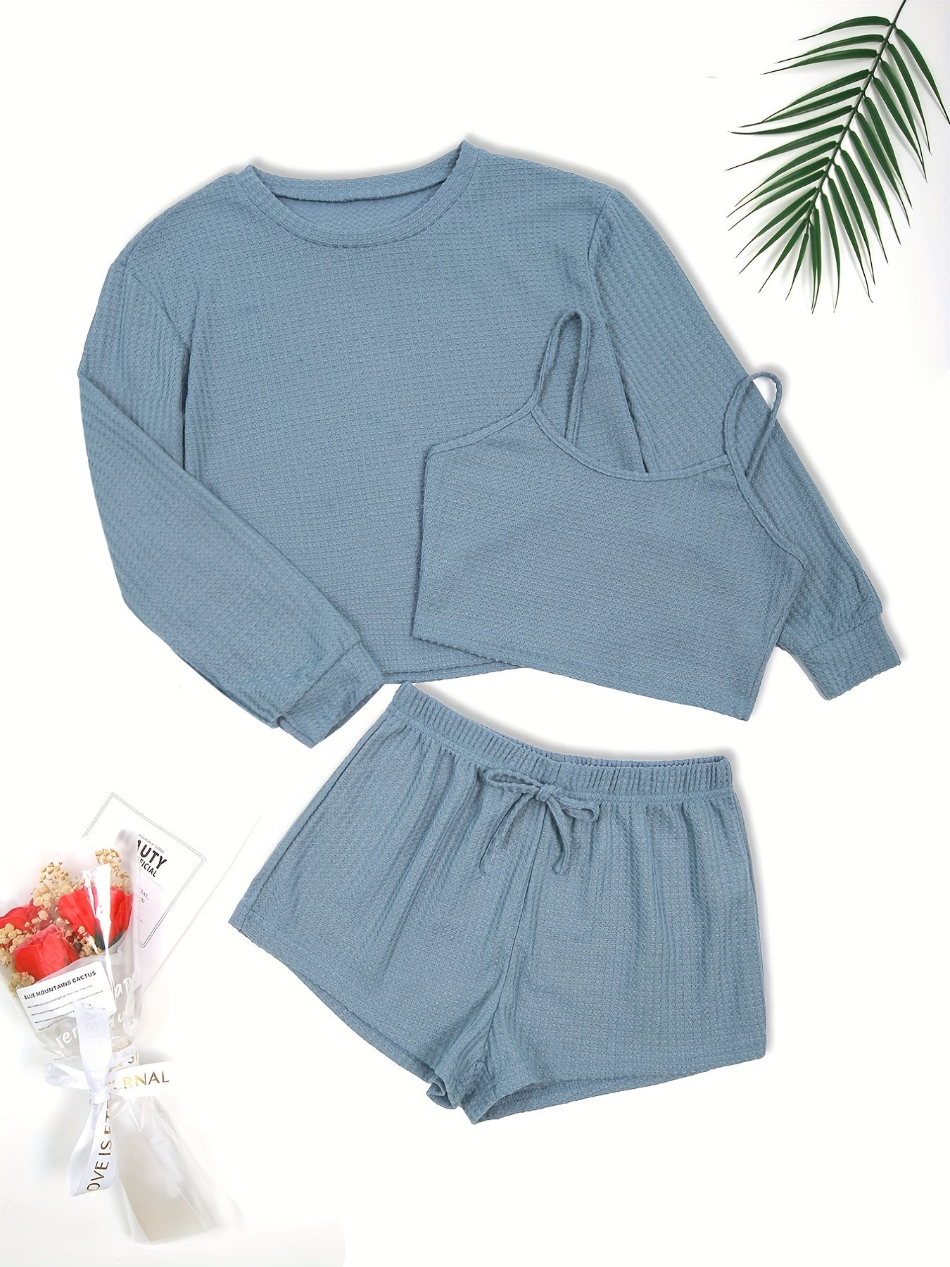 Waffle Solid Lounge Set Cami Top & Long Sleeve Crew Neck Top & Lace Up Shorts