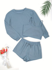 Waffle Solid Lounge Set Cami Top & Long Sleeve Crew Neck Top & Lace Up Shorts