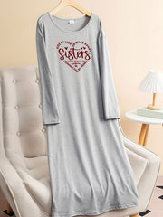Heart Letter Graphic Long Sleeve Tee Home Wear Dress