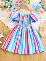 Girls Short Bubble Sleeve Block Shirred Dress Kids Summer Clothes