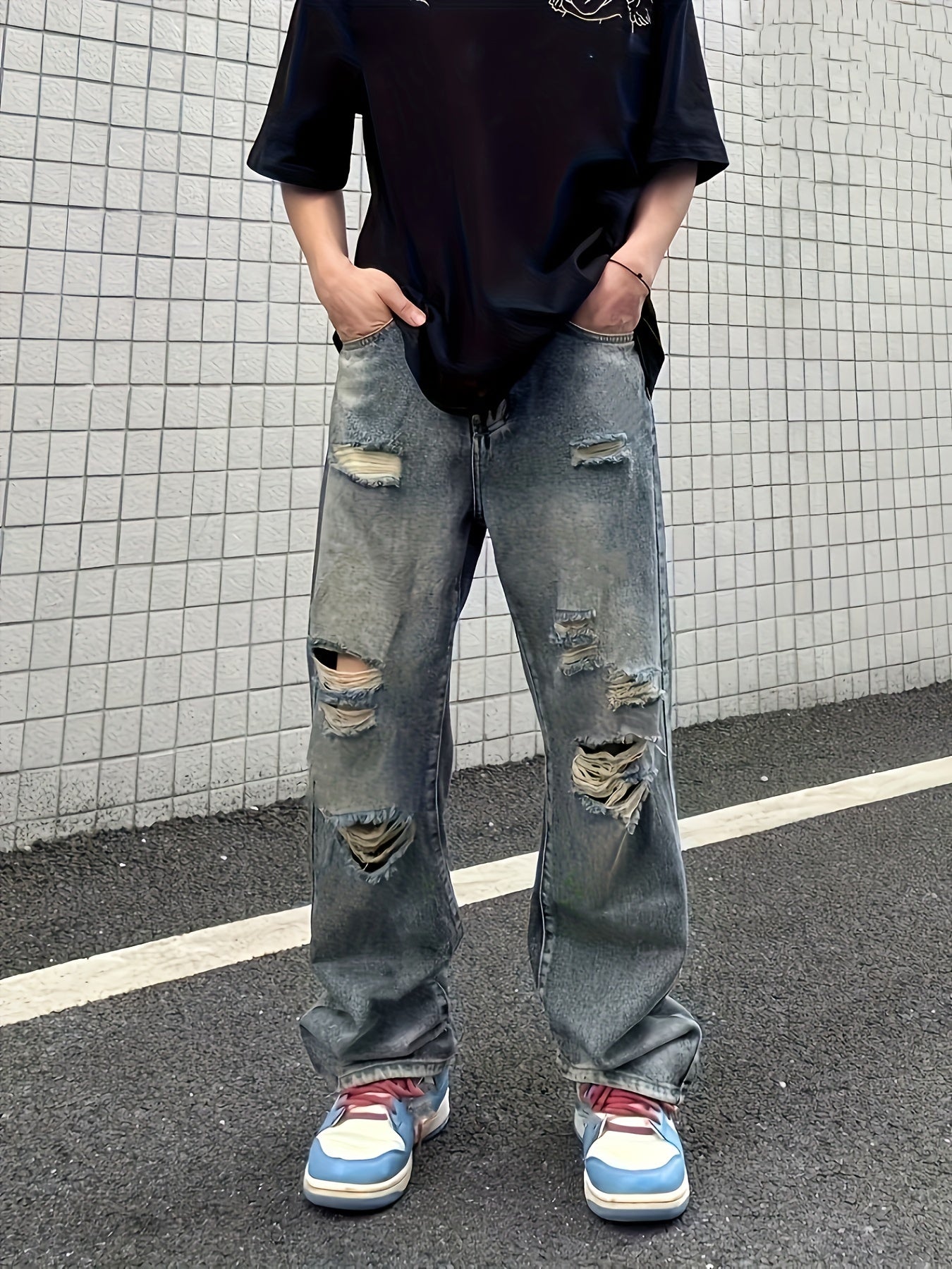 Men's Ripped Loose Fit Wide Leg Jeans