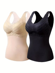 2pcs Lace Thermal Underwear Soft Sleeveless Top Women's Lingerie