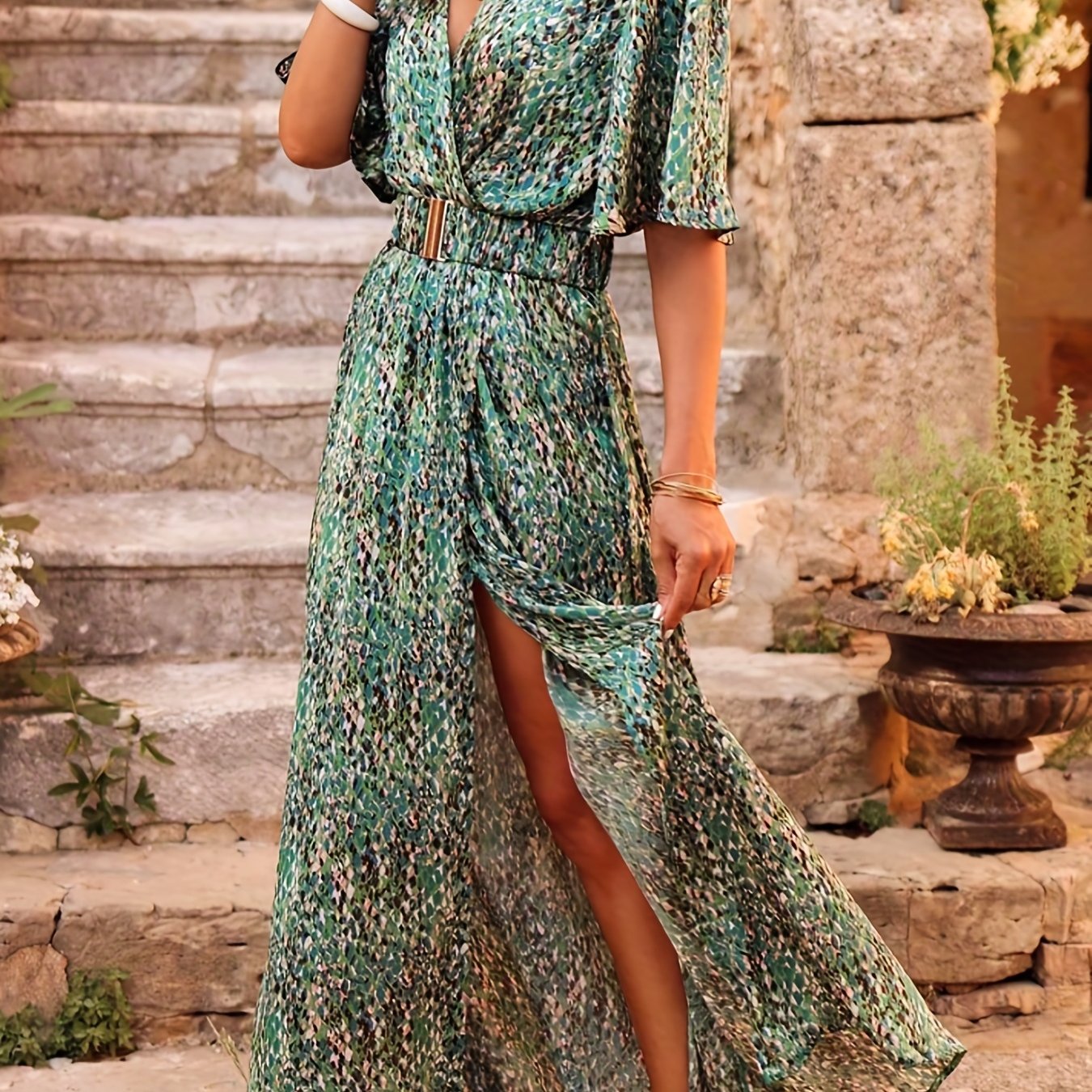Boho Split Thigh Maxi Dress V Neck Short Sleeve