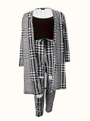 3-Piece Set: Solid Top, Houndstooth Pants, Long Sleeve Cardigan