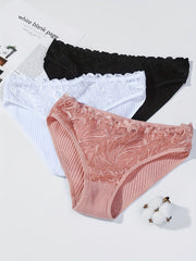 3pcs Lace Ribbed Briefs Stretchy Intimates Panties Women's Lingerie