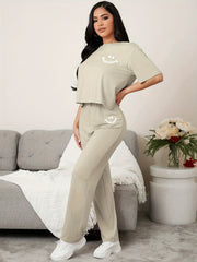 Smile Print Pajama Set Short Sleeve Tee Top & Pants Women's Sleepwear
