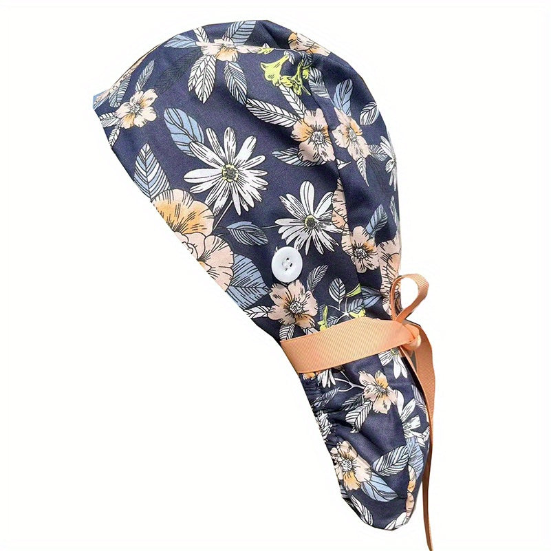 Cartoon Print Ponytail Scrub Cap for Women Dentist Nurse Hat
