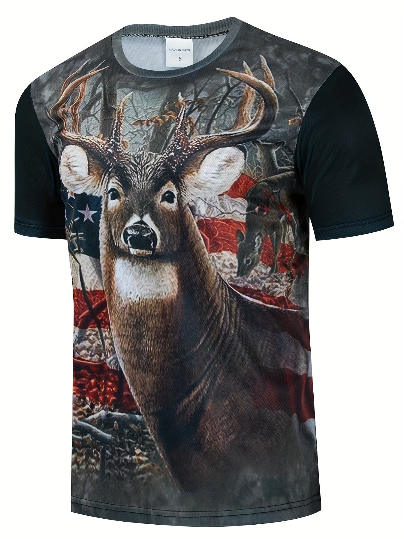 Patriotic Deer Print T Shirt for Men Comfortable 3D Print Crew Neck Tee