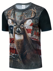 Patriotic Deer Print T Shirt for Men Comfortable 3D Print Crew Neck Tee