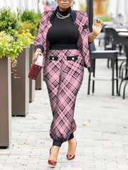 Plaid Print Jacket & Pants Set Women's Plus