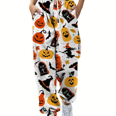 Pumpkin Print Halloween Drawstring Pants Women's Clothing