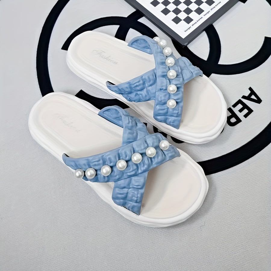 Women's Pearl Decor Sandals Open Toe Cross Strap Slip On Slippers