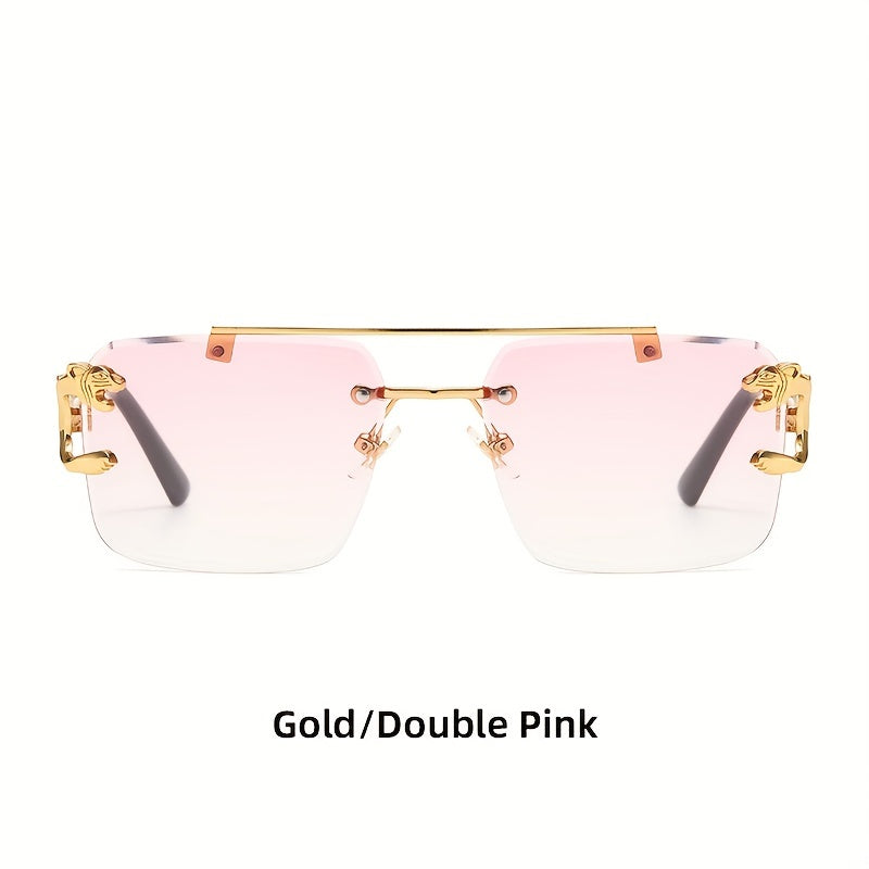Metal Double Beam Sunglasses Leopard Rimless Square Glasses