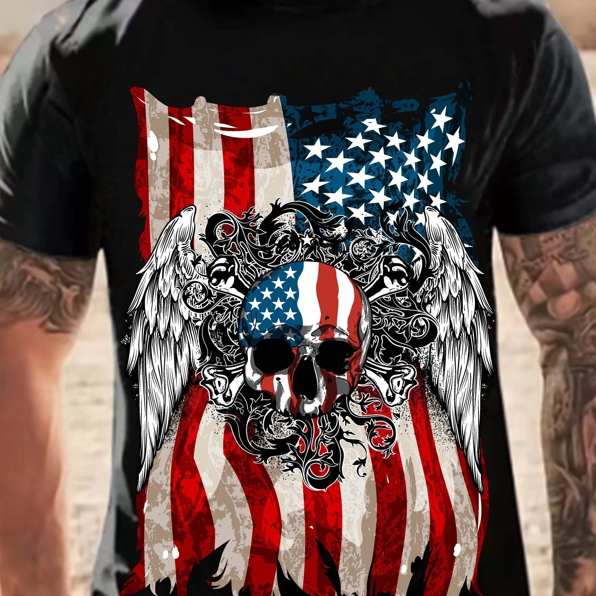 American Flag & Skull Print Tee for Men
