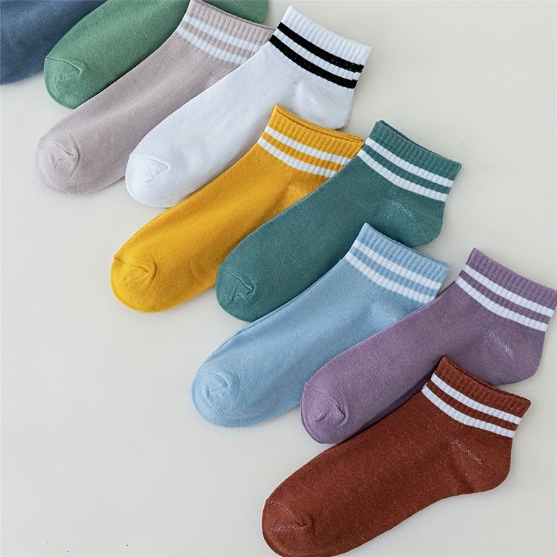 10 Pairs Striped Trim Crew Socks Lightweight Stockings for Women
