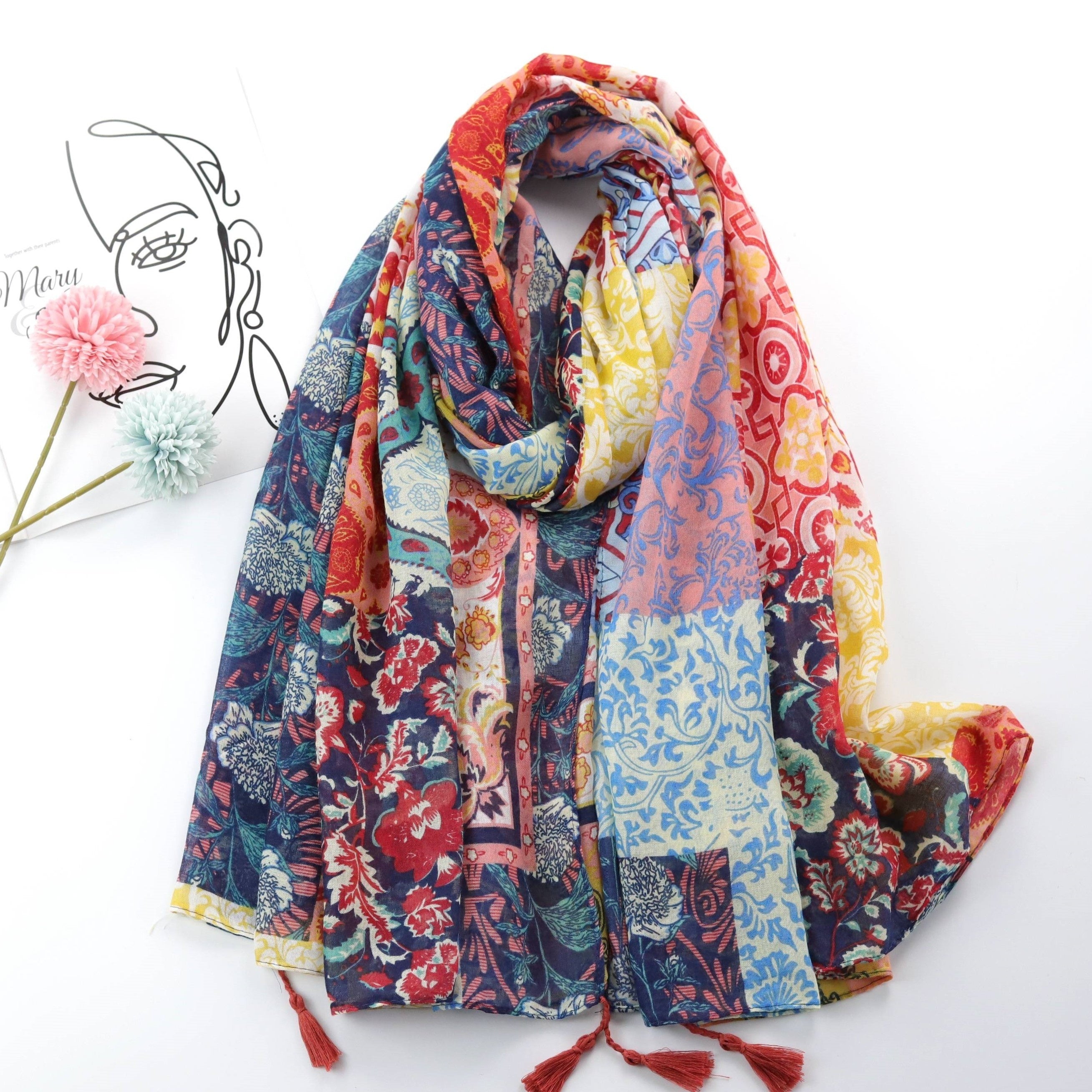 Vintage Floral Paisley Print Scarf Boho Block Tassel Shawl