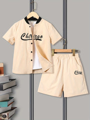 Boys 2pcs Letter Print Casual Outfit Shirt & Shorts Set