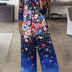 Floral Print Cold Shoulder Long Sleeve Jumpsuit With Pockets