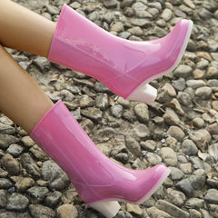 Women's Pink Rain Boots Slip On Chunky Heel Waterproof & Comfortable
