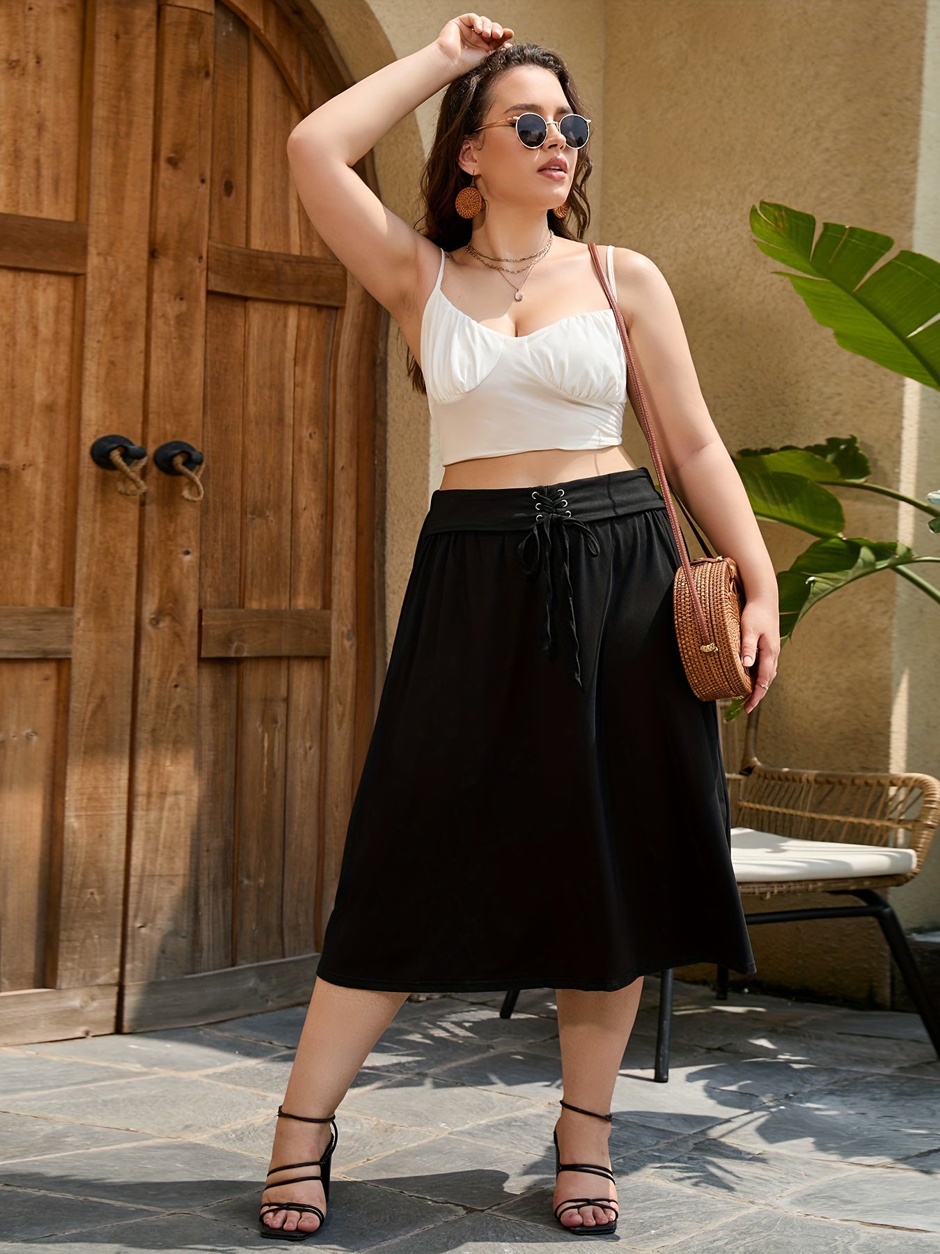 Solid Grommet Lace Up High Rise Midi Skirt
