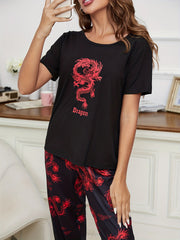 Dragon Print Pajama Set Short Sleeve Crew Neck Top & Elastic Waistband Pants