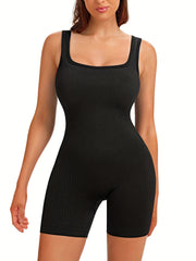 Ribbed Square Neck Sleeveless Romper High Elasticity Jumpsuit