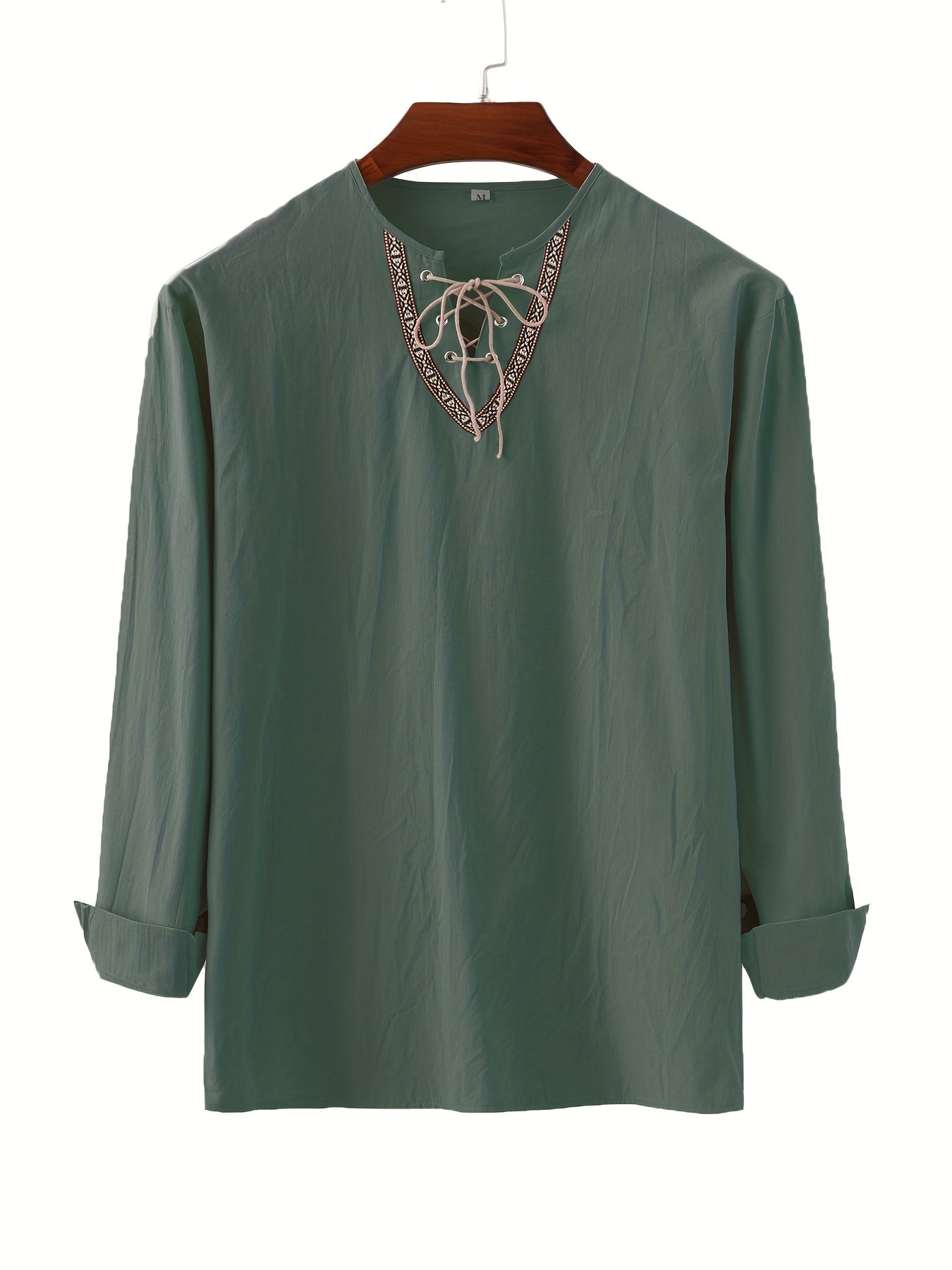 Men's Retro Casual Drawstring V Neck Long Sleeve Shirt