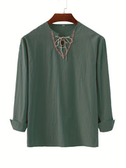Men's Retro Casual Drawstring V Neck Long Sleeve Shirt