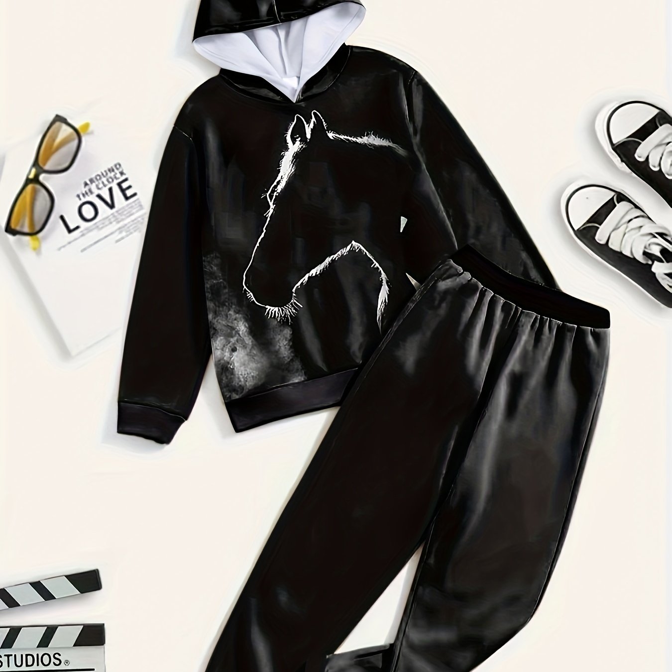 2pc Horse Graphic Hoodies Jogger Pants for Boys Girls