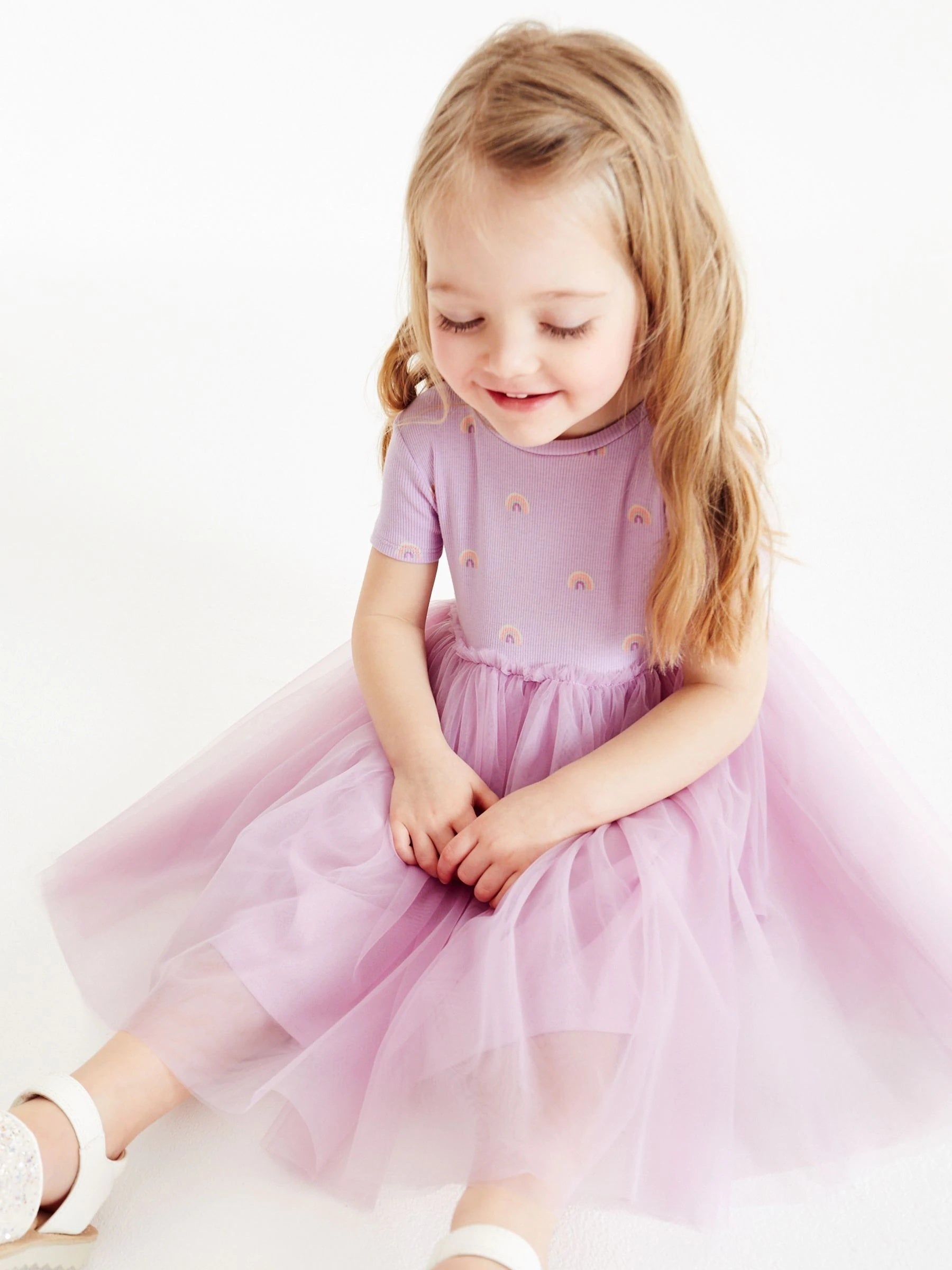 Toddler Girls Rainbow Graphic Mesh Princess Dress For Party