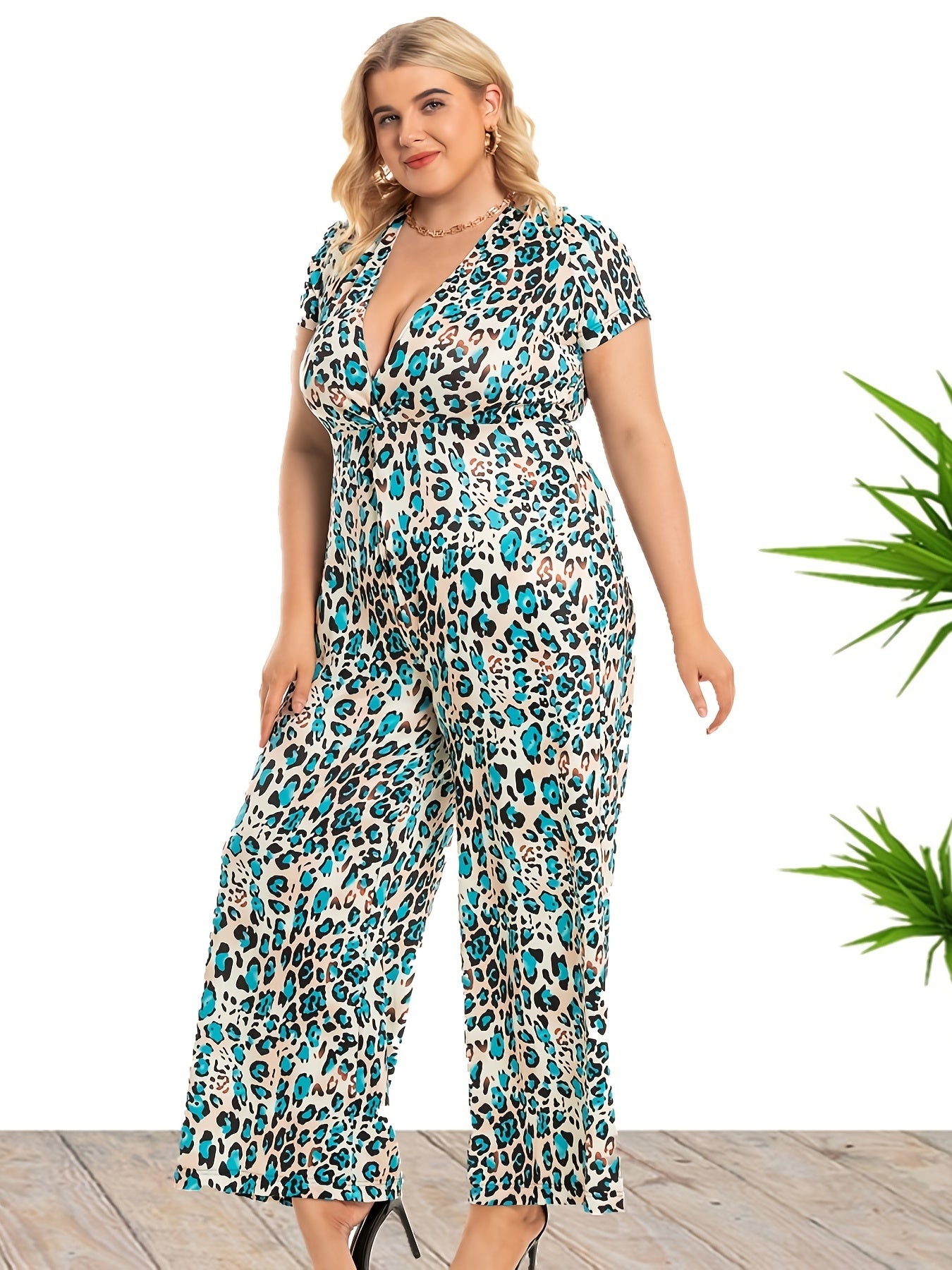 Leopard Print Deep V Neck Jumpsuit Women's Plus