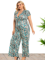 Leopard Print Deep V Neck Jumpsuit Women's Plus