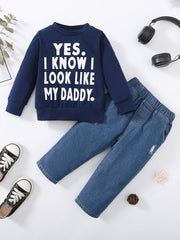 2pcs Denim Suit Long Sleeve Round Neck