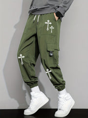 Cross Pattern Drawstring Cargo Pants Men's Joggers