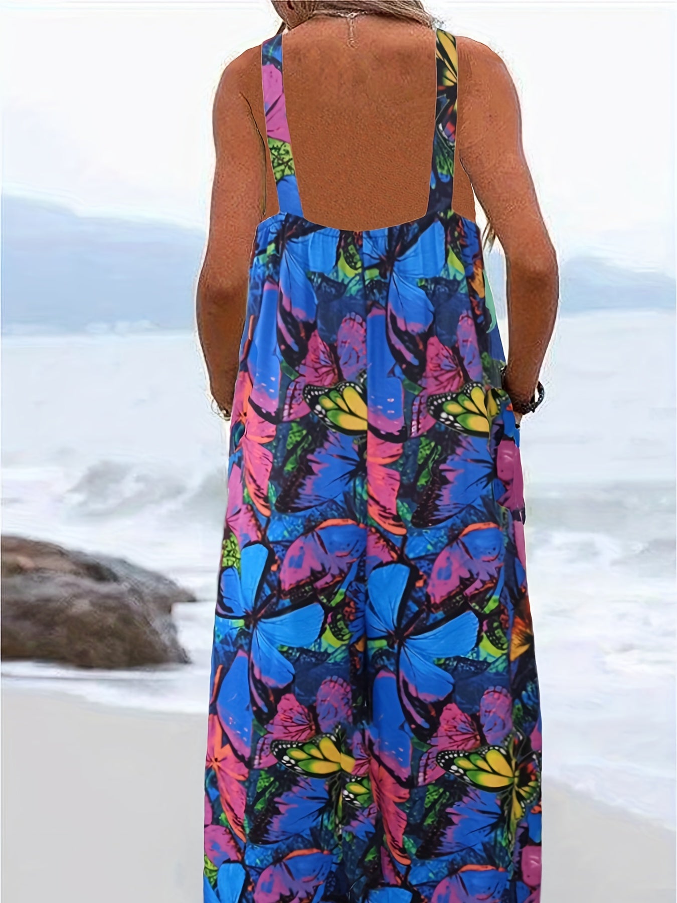 Butterfly Print Wide Leg Jumpsuit Casual Backless Jumpsuit