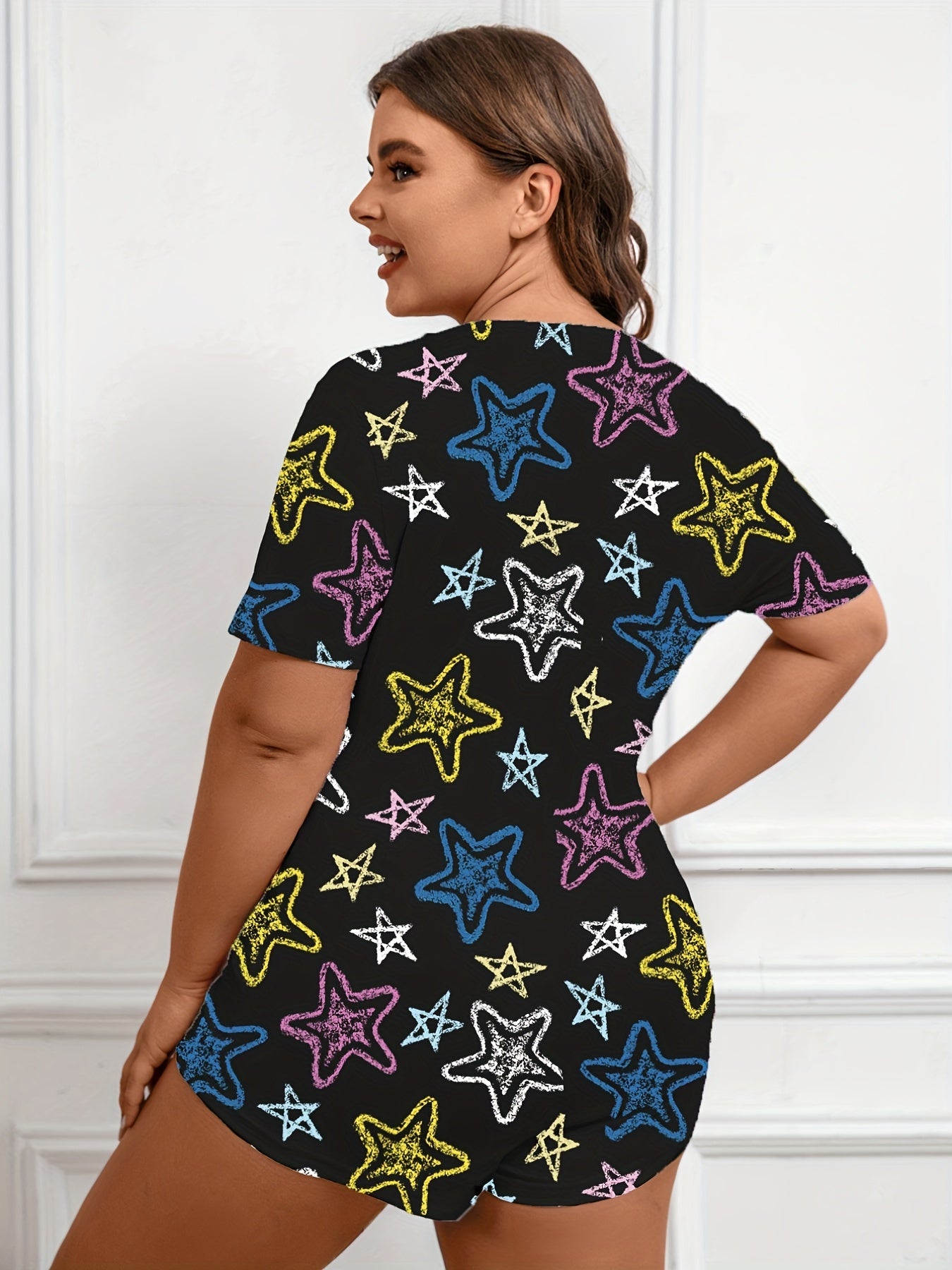 Casual Pajama Romper Women's Plus Graffiti Star Print Button Up