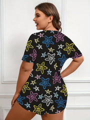 Casual Pajama Romper Women's Plus Graffiti Star Print Button Up