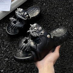 Men's Skull Slides w/ Chains Thick Bottom Comfort Slippers