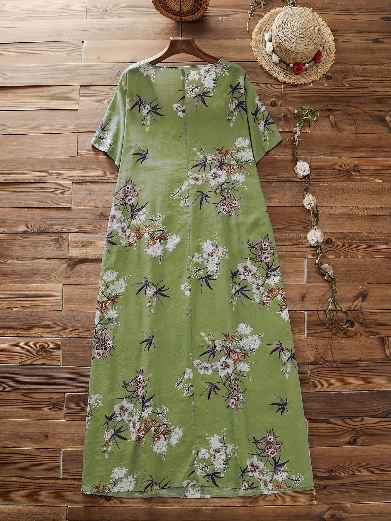Floral Print Short Sleeve V Neck Loose Dress