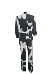 Newspaper Print Tie Front Jumpsuit Casual Button Down One Piece Jumpsuit