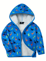 Kid's Dinosaur Print Fleece Jacket Hooded Coat