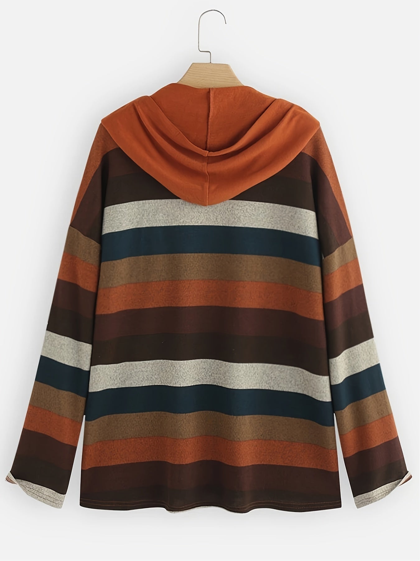 Block Striped Pocket Hoodie Long Sleeve Drawstring Hoodies Sweatshirt
