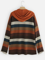 Block Striped Pocket Hoodie Long Sleeve Drawstring Hoodies Sweatshirt